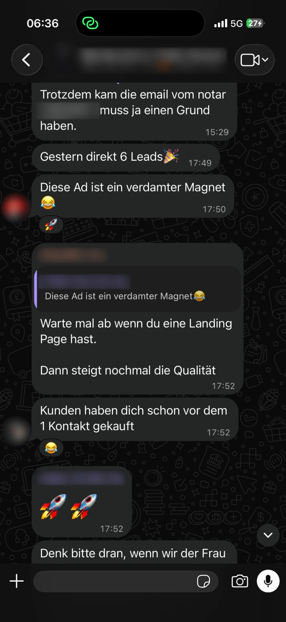 Anonymisierte Originalnachricht eines Partners: Gestern direkt 6 Leads, mit anschließender Abstimmung zur Kampagne.
